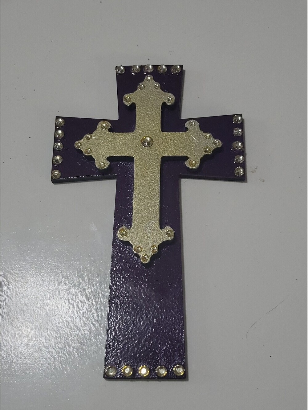 Decorative Purple and Gold Wall Cross with Stud Accents 9.5x6